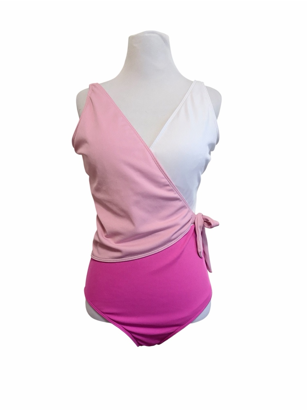 Pink & White large Colorblock Ribbed Wrap One-Piece Swimsuit